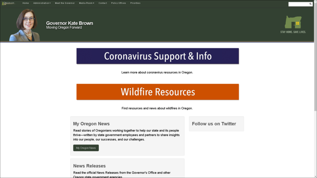 Screenshot of Oregon Governor Kate Brown's website